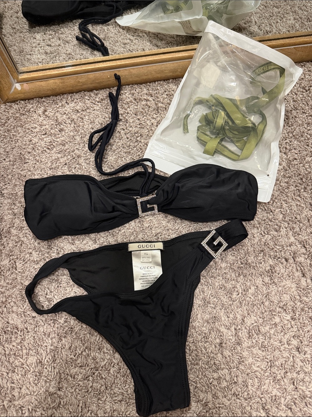 Gucci Black Crystal G-Buckle Bandeau Bikini Set